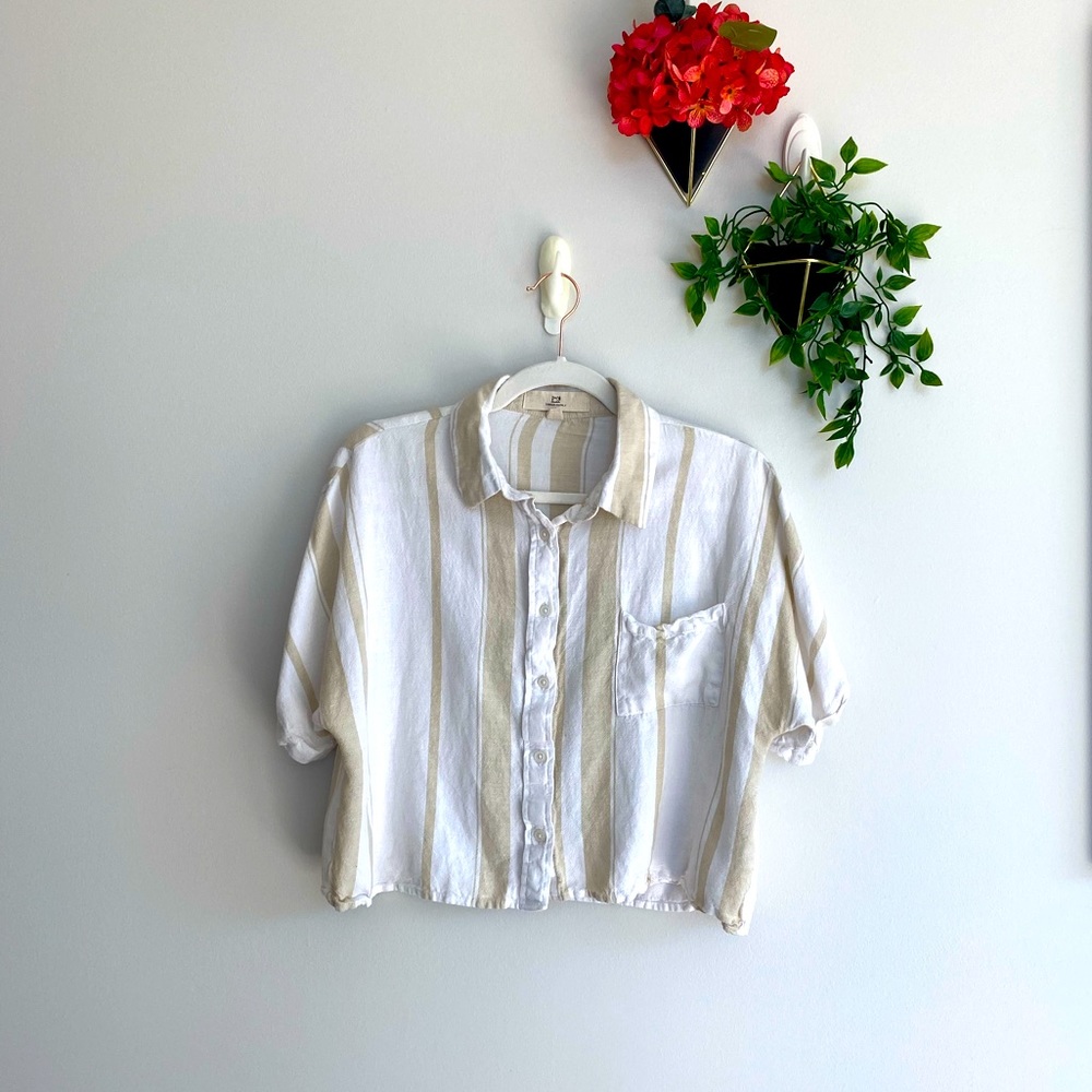 Thread & Supply Linen Striped Button up Cropped Blouse Medium